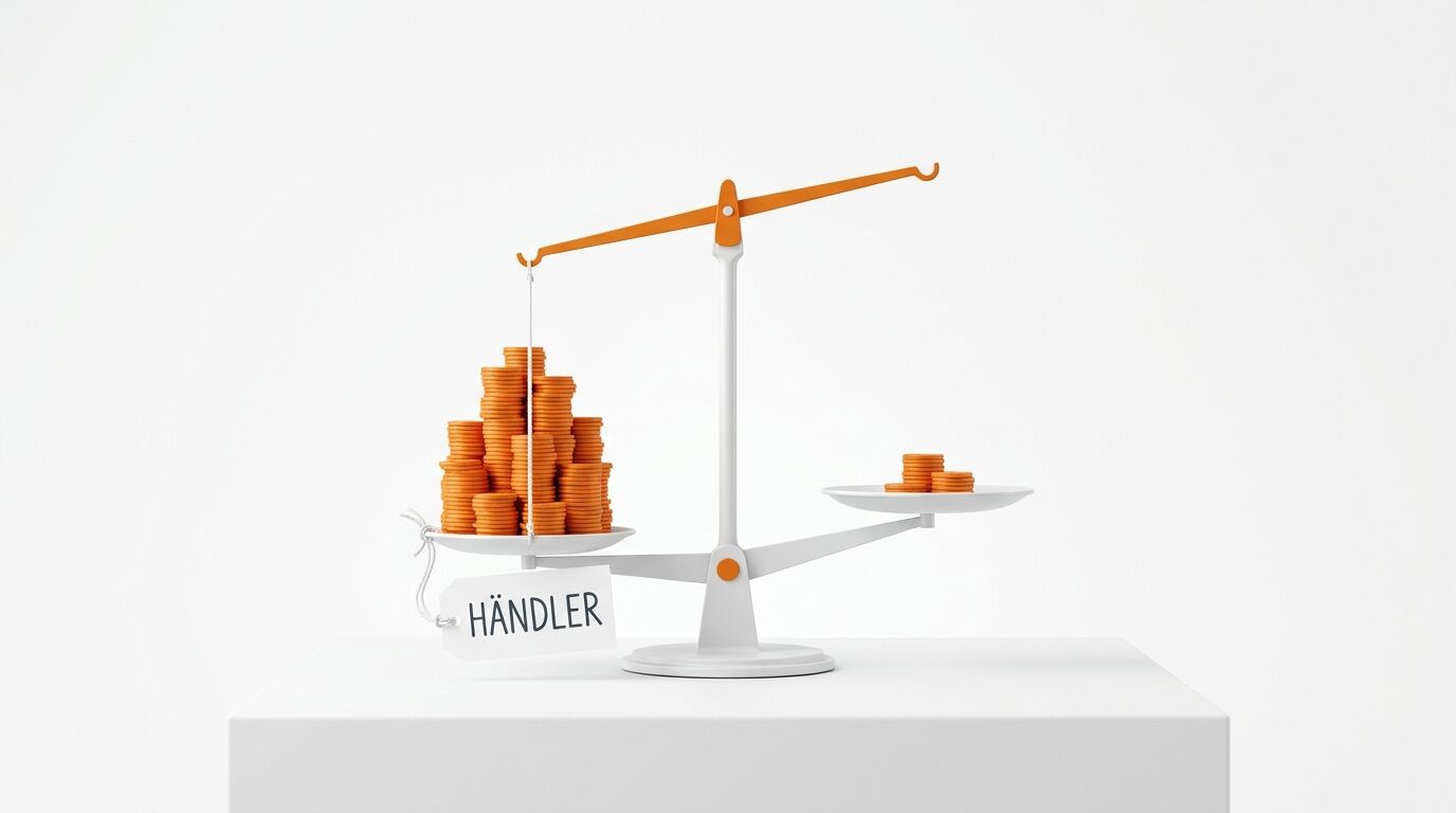 Ungleiche Waage mit Münzstapeln, schwerere Seite mit Schild „HÄNDLER“, weißer Hintergrund