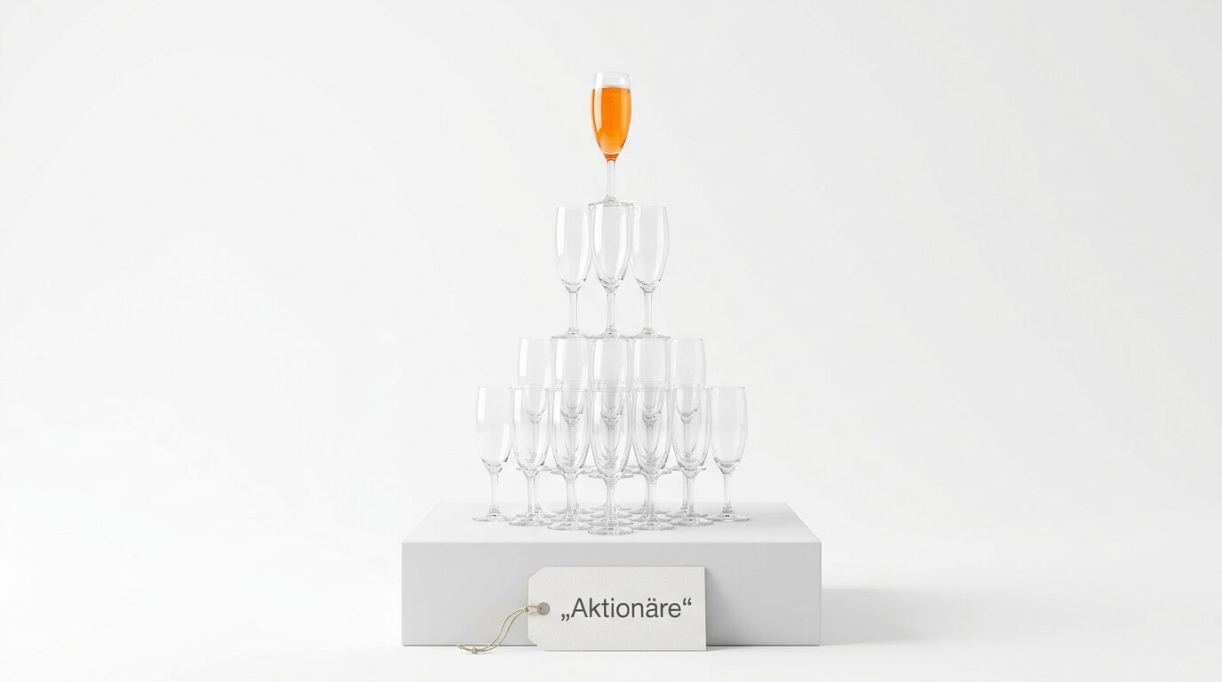Champagnerpyramide, oberstes Glas gefüllt, auf Sockel mit Schild „Aktionäre“