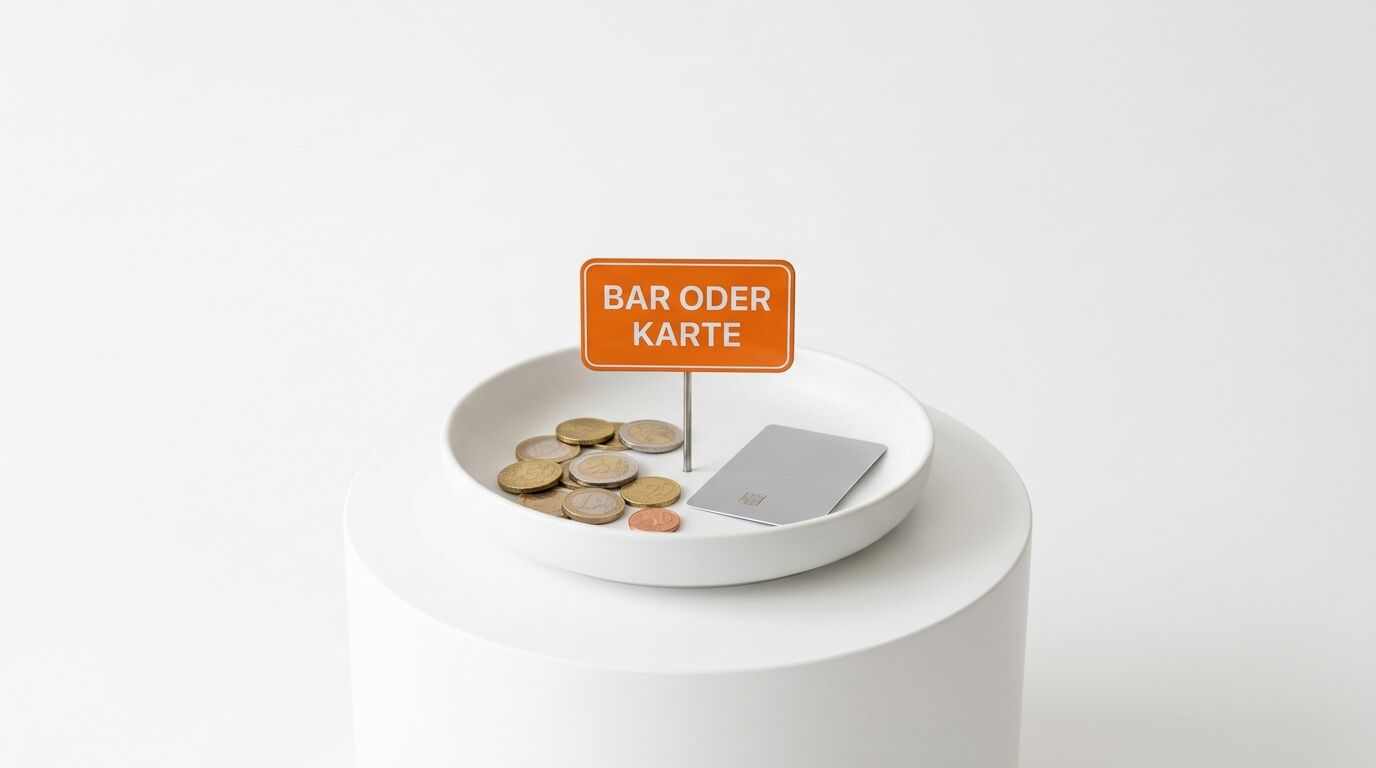 Ein Teller mit Münzen und Karte sowie Schild „BAR ODER KARTE“ steht auf einem weißen Sockel