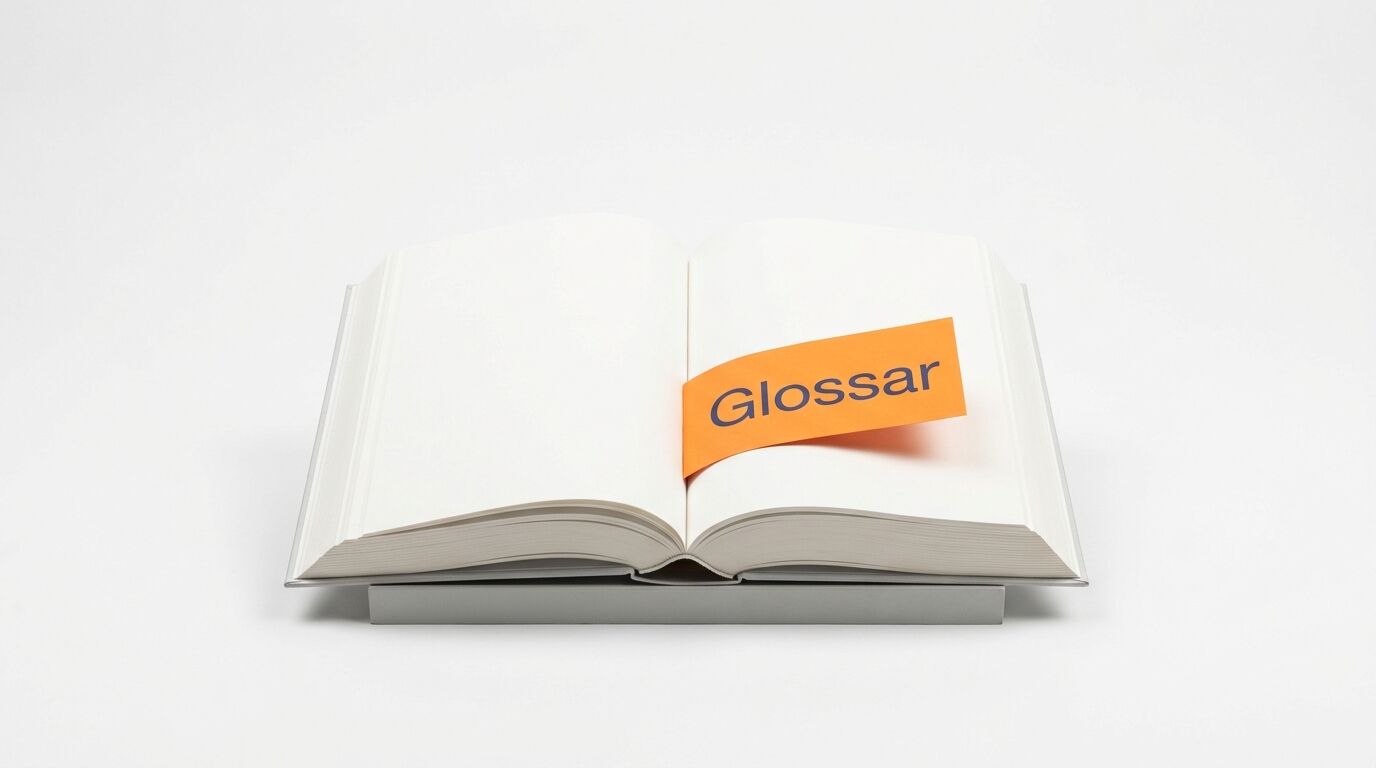 Ein offenes Buch mit leerem Inhalt, in dem ein oranger Zettel mit der Aufschrift „Glossar“ liegt