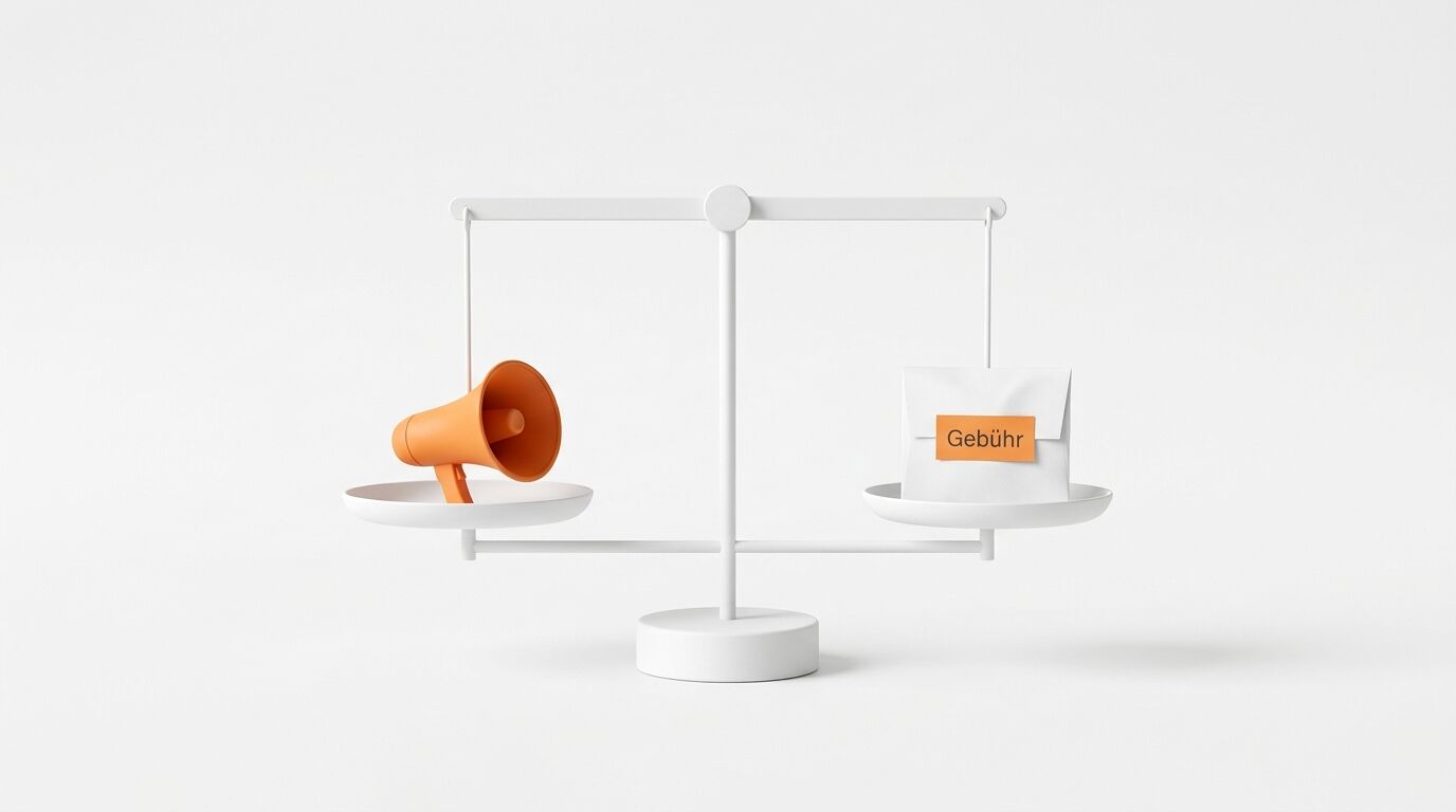 Waage mit Megafon links und Kuvert mit Text „Gebühr“ rechts, orange-weißes Symbolbild