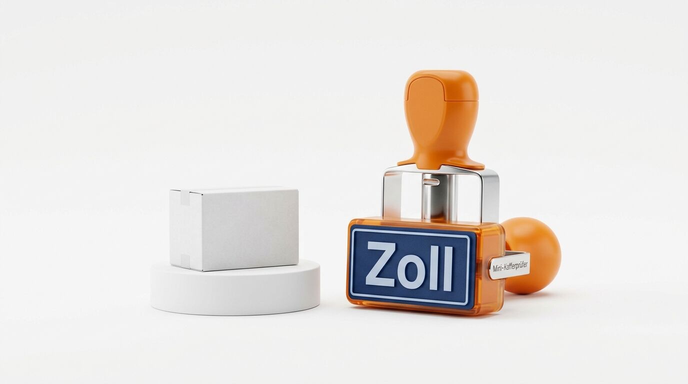 Stempel mit dem Wort „Zoll“, ein kleiner Karton auf einem weißen Podest und ein oranger Griff