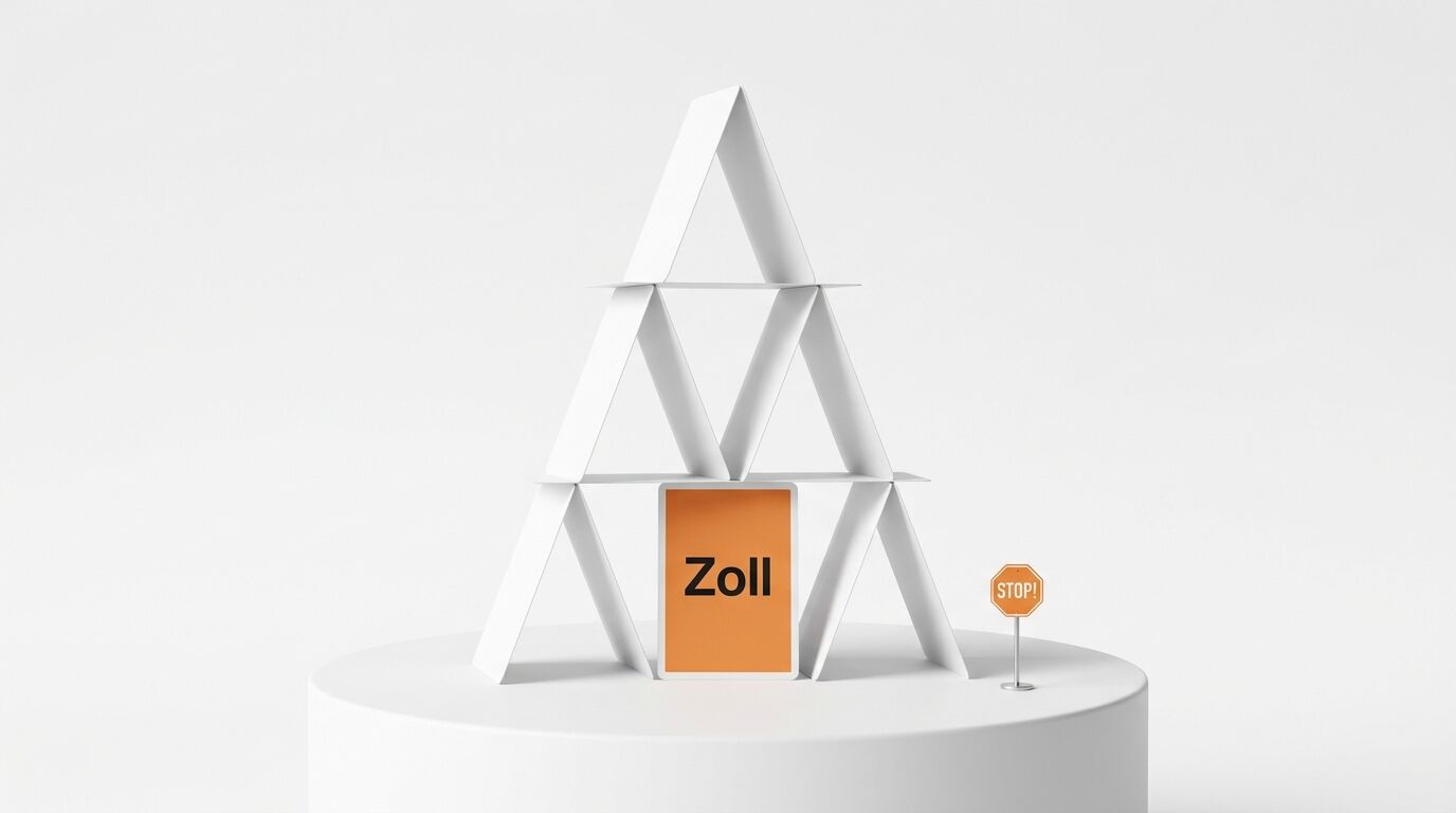 Kartenhaus auf Podest mit oranger Karte „Zoll“ in der Basis und Stop-Schild daneben