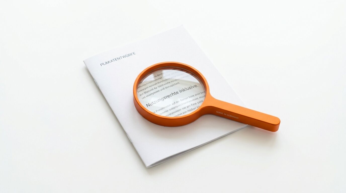 Eine orange Lupe liegt auf einem weißen Dokument mit der Aufschrift "Nutzungsrechte inklusive" und "Made in Germany"