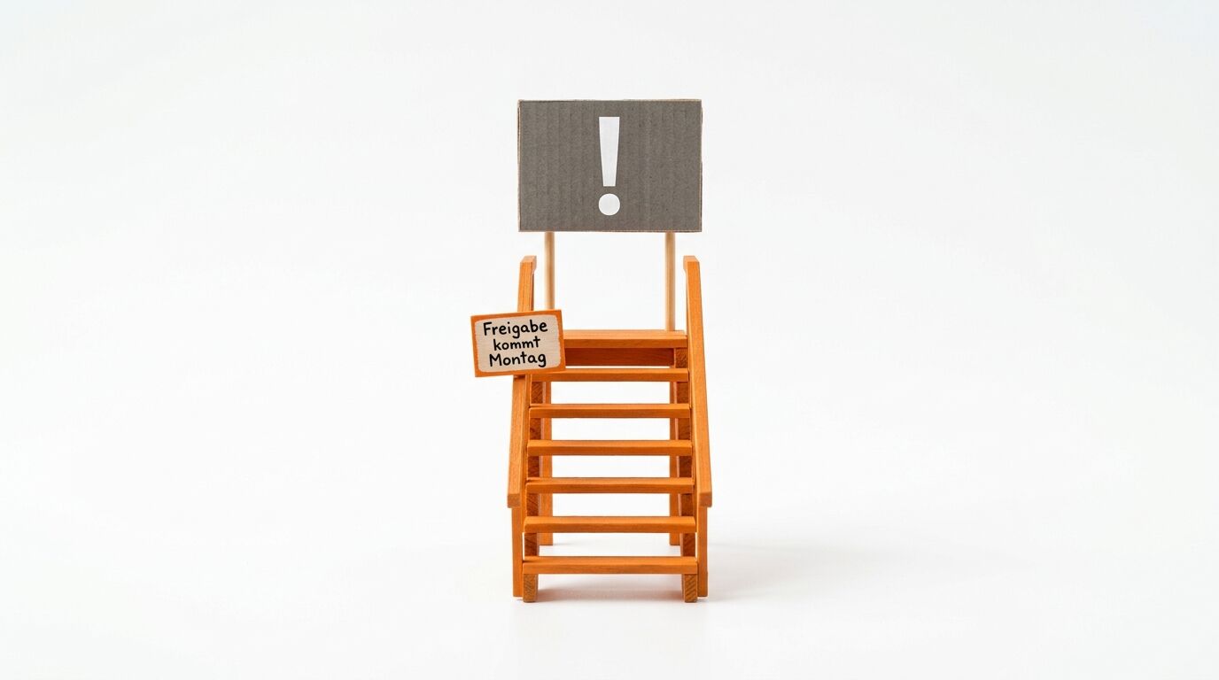 Holzleiter mit grauem Schild oben. Weißes Ausrufezeichen auf Schild. Kleines Schild mit Text "Freigabe kommt Montag" seitlich angebracht