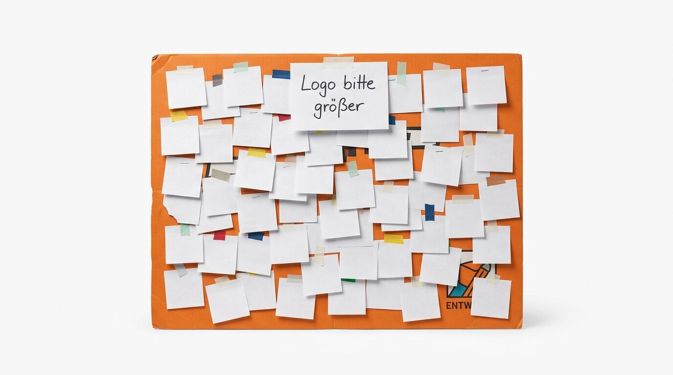 Orange Pinnwand mit zahlreichen weißen Notizzetteln, in der Mitte eine Notiz mit der Aufschrift "Logo bitte größer"