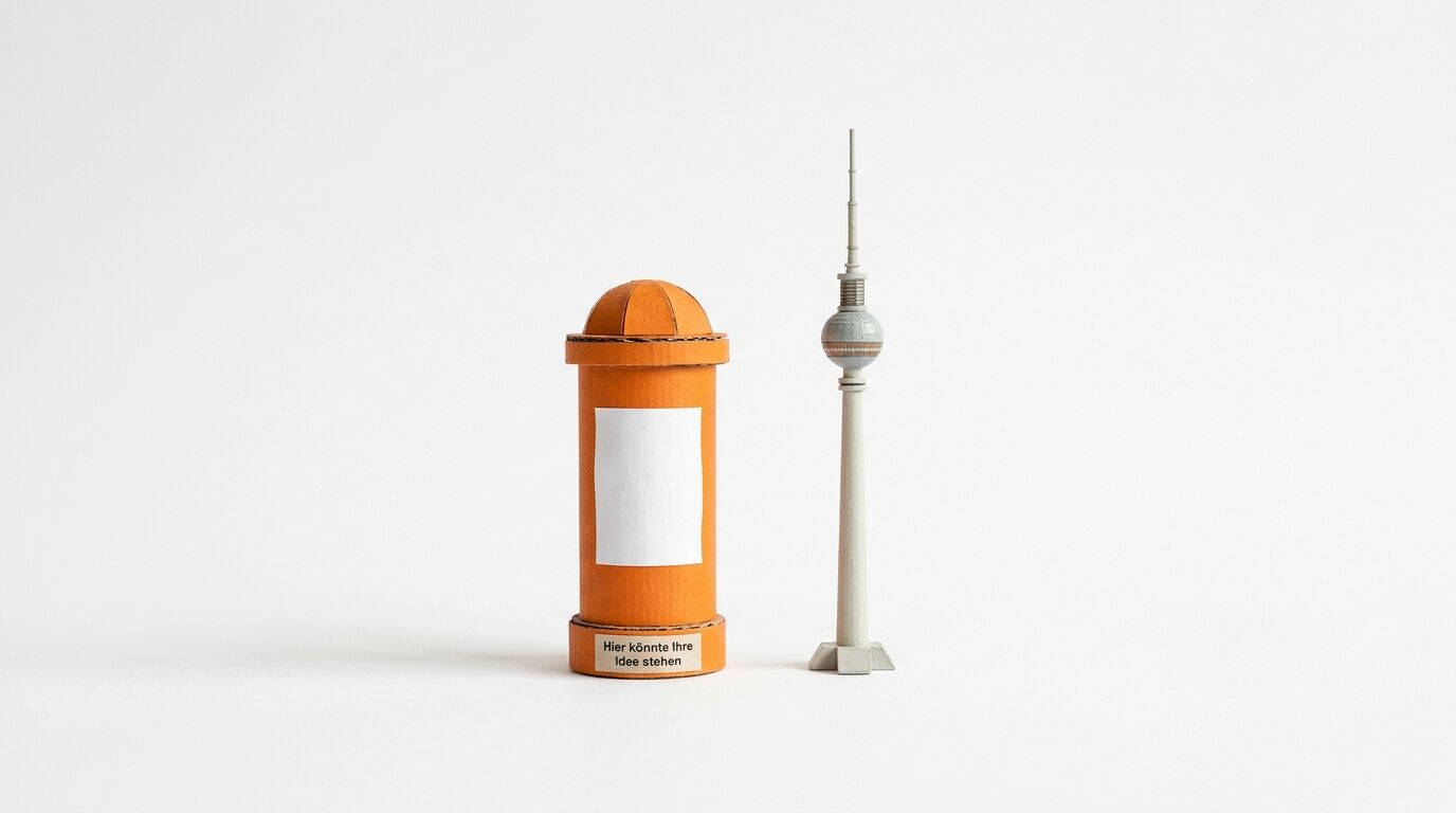 Zwei Modelle auf weißem Hintergrund: eine orange Litfaßsäule mit Werbefläche und ein beiges Fernsehturmmodell