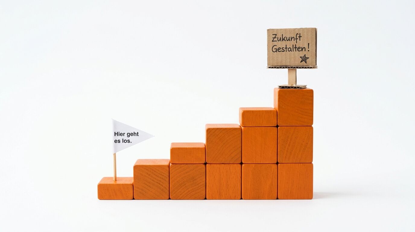 Treppenstufig angeordnete orange Holzblöcke mit Flagge "Hier geht es los" und Schild "Zukunft Gestalten"