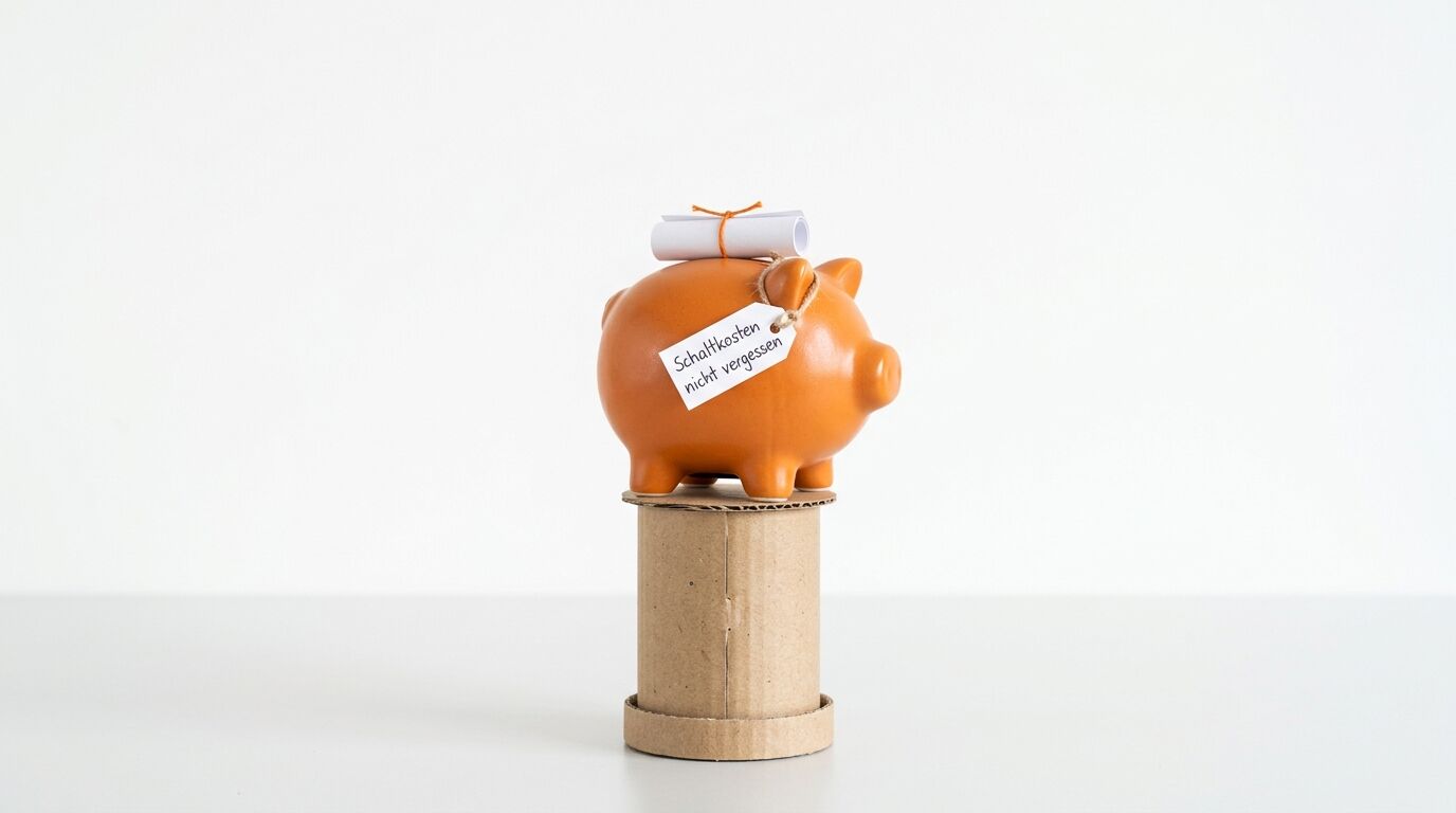 Oranges Sparschwein mit Schuldschein auf Holzständer vor weißem Hintergrund