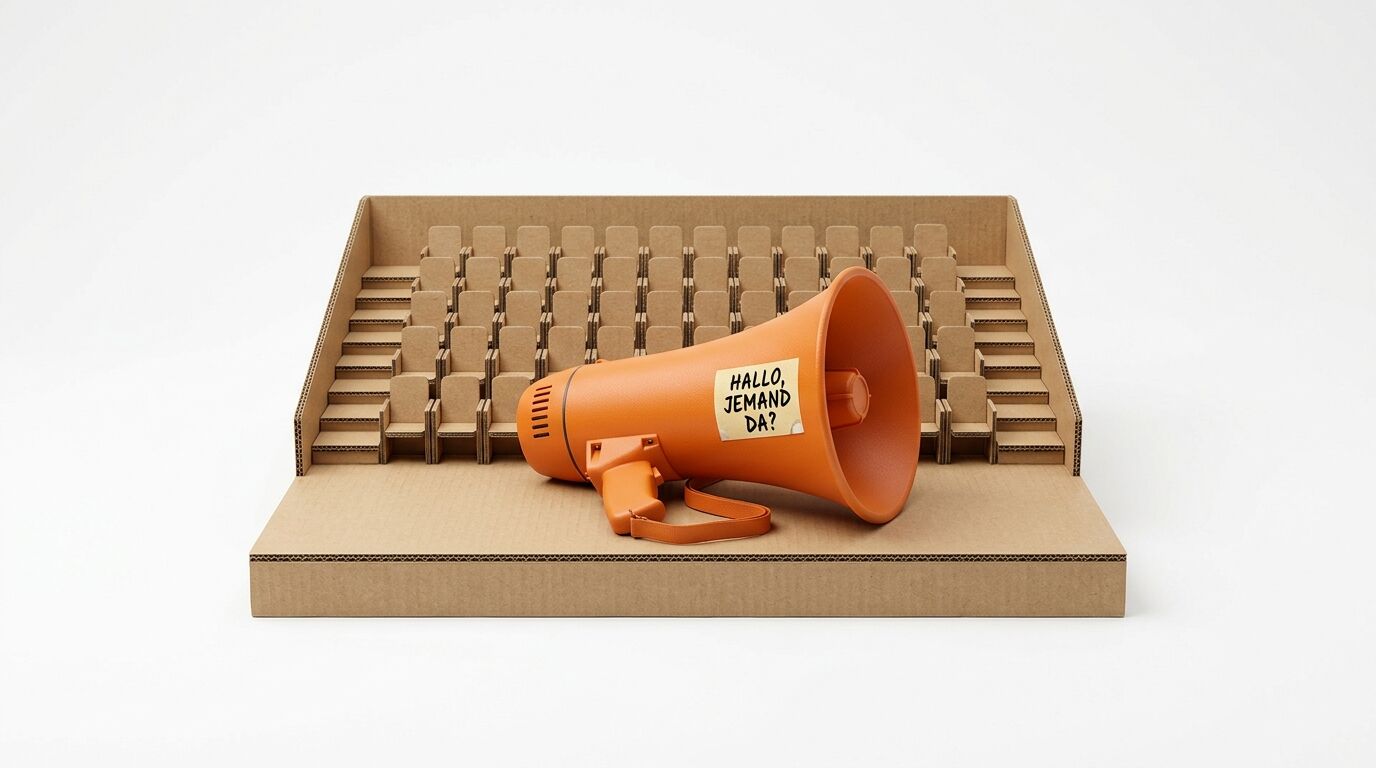 Orangener Megafon auf Pappschachtel mit Auditorium-Design. Aufkleber zeigt "HALLO, JEMAND DA?" Minimalistische Darstellung von Kommunikation und Aufmerksamkeit