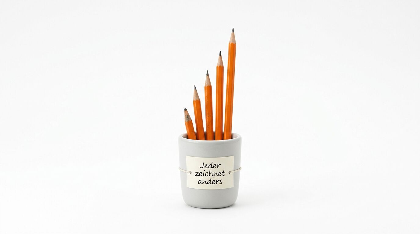 Ein weißer Keramikbecher mit fünf gespitzten orangefarbenen Bleistiften. Ein Etikett trägt die Aufschrift "Jeder zeichnet anders"