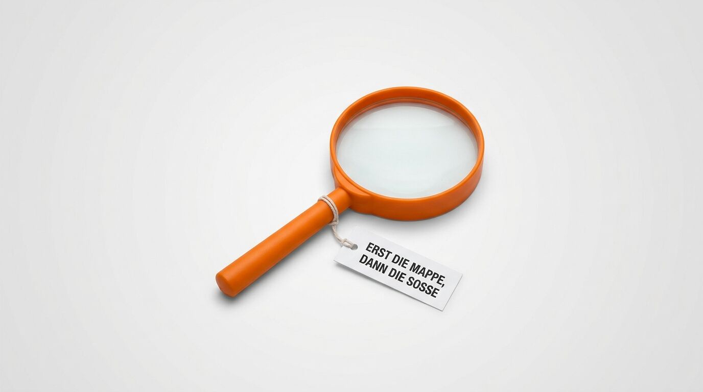 Orange Lupe mit Etikett "ERST DIE MAPPE DANN DIE SOSSE" auf grauem Hintergrund