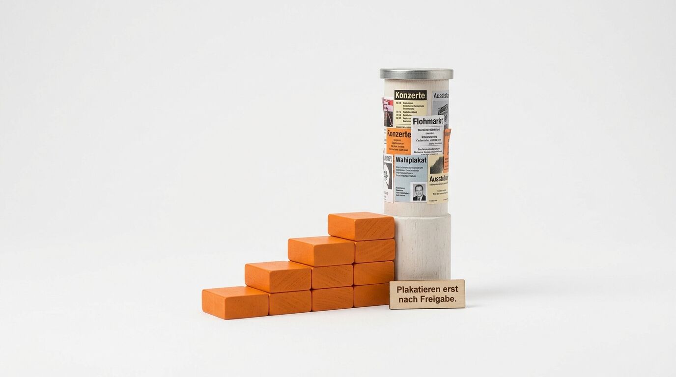 Produktaufsteller mit orange Bausteinen, weißem Holzblock und Plakatierrolle auf grauem Hintergrund
