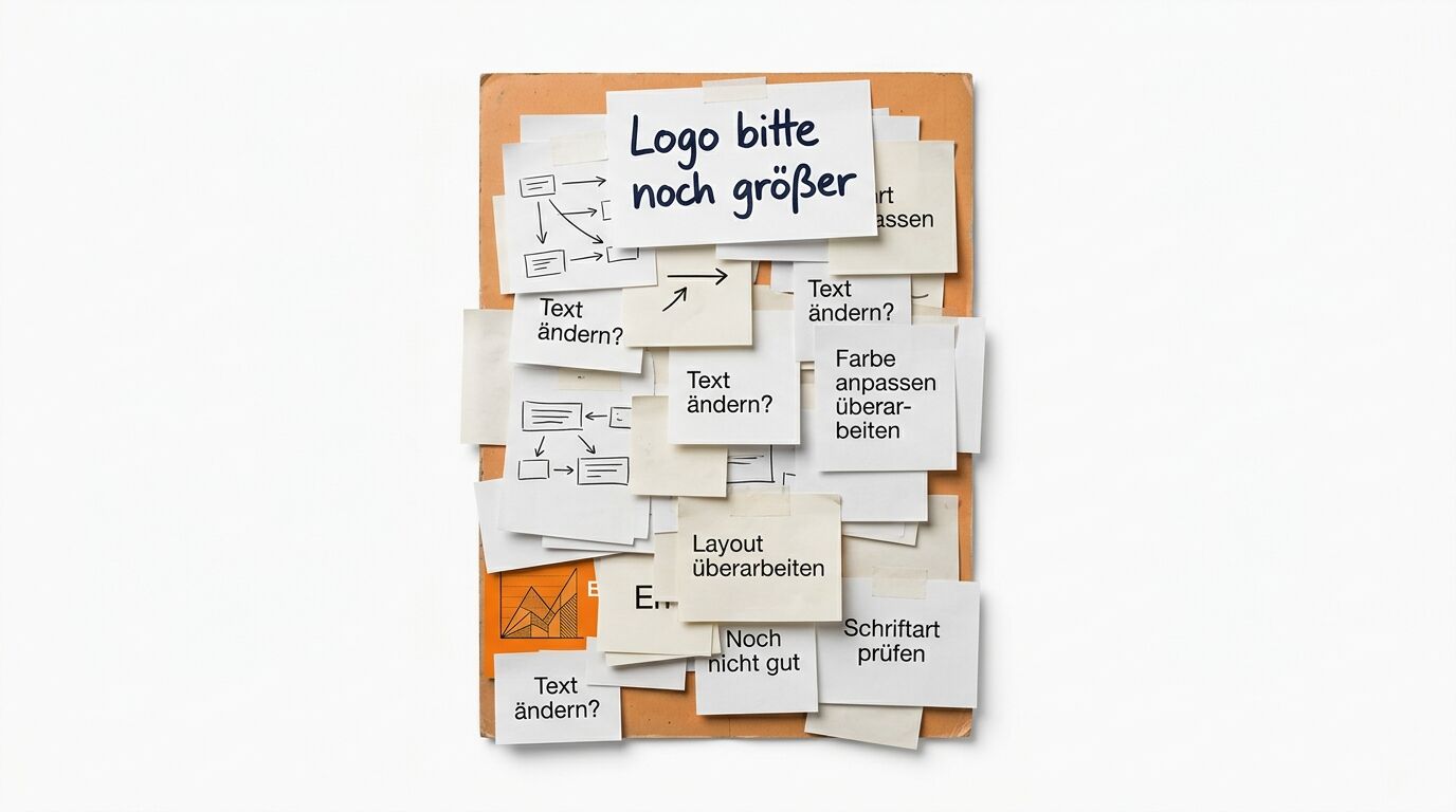 Flowchart auf Korkboard mit Haftnotizen. Deutsche Anweisungen zur Grafikbearbeitung: Logo vergrößern, Text ändern, Farbe anpassen, Layout überarbeiten, Schriftart prüfen