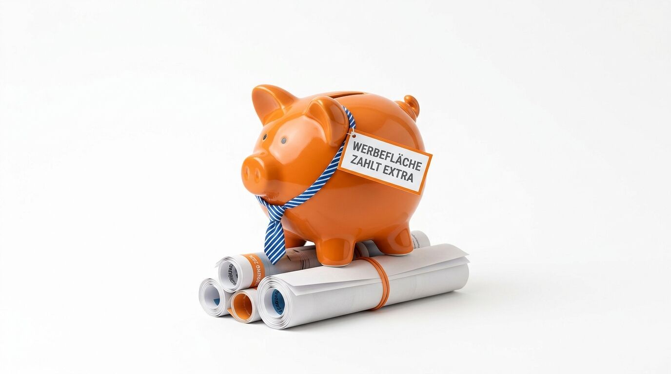 Oranges Sparschwein mit Krawatte auf aufgerollten Dokumenten. Schild mit Text "Werbefläche zählt extra"