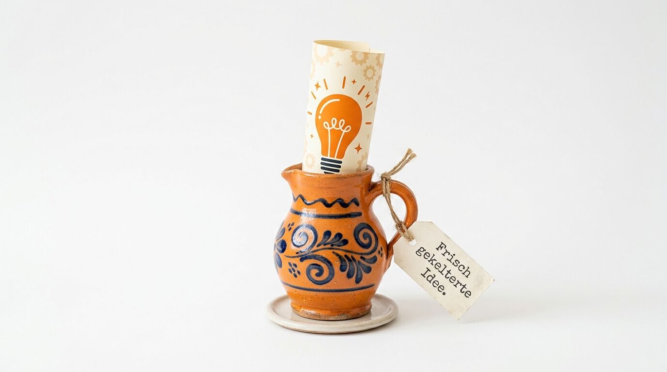Orangefarbener Keramikkrug mit blauen Ornamenten, gefüllt mit bedrucktem Papier, das eine Glühbirne zeigt. Anhänger mit Text "Frisch gefertigte Idee"