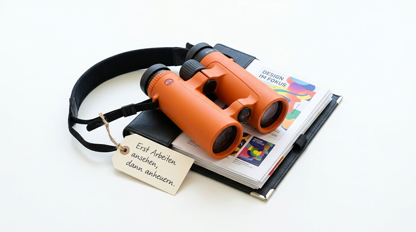 Orange Fernglas mit schwarzem Trageband auf Magazinen liegend, Anhänger mit deutschem Text