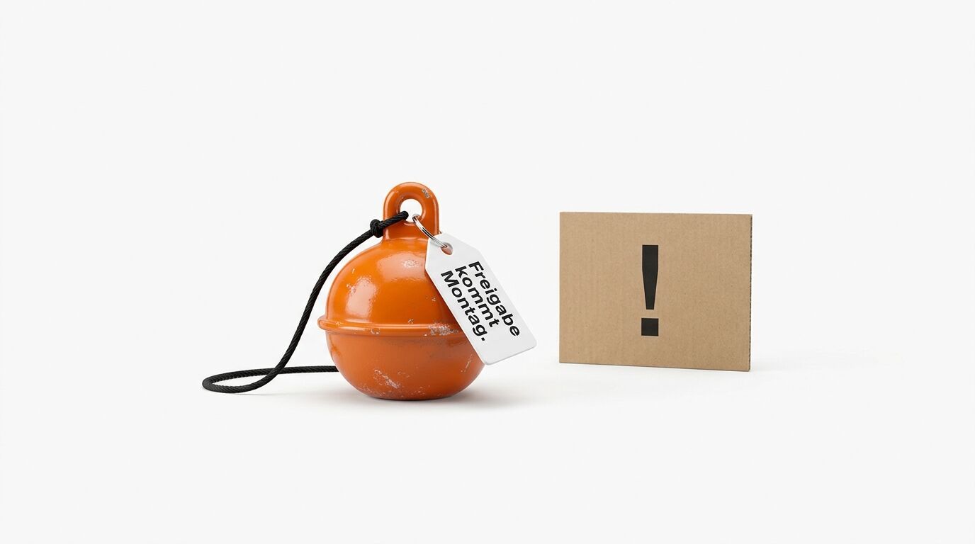 Orange Kugel mit Henkel und schwarzer Schnur neben Kartonbox mit Ausrufezeichen auf weißem Hintergrund