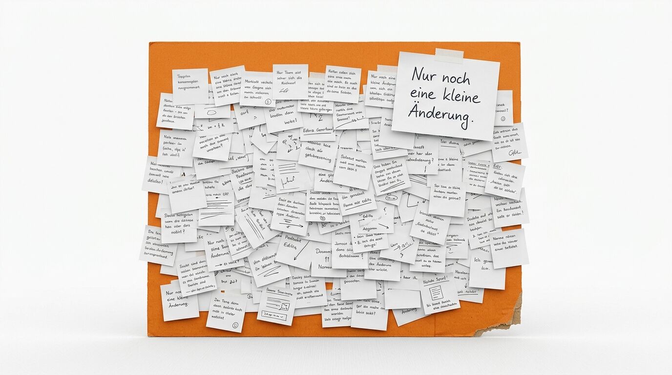 Orange Platte mit zahlreichen handschriftlichen weißen Zetteln. Zentral großer Zettel mit Text "Nur noch eine kleine Änderung"