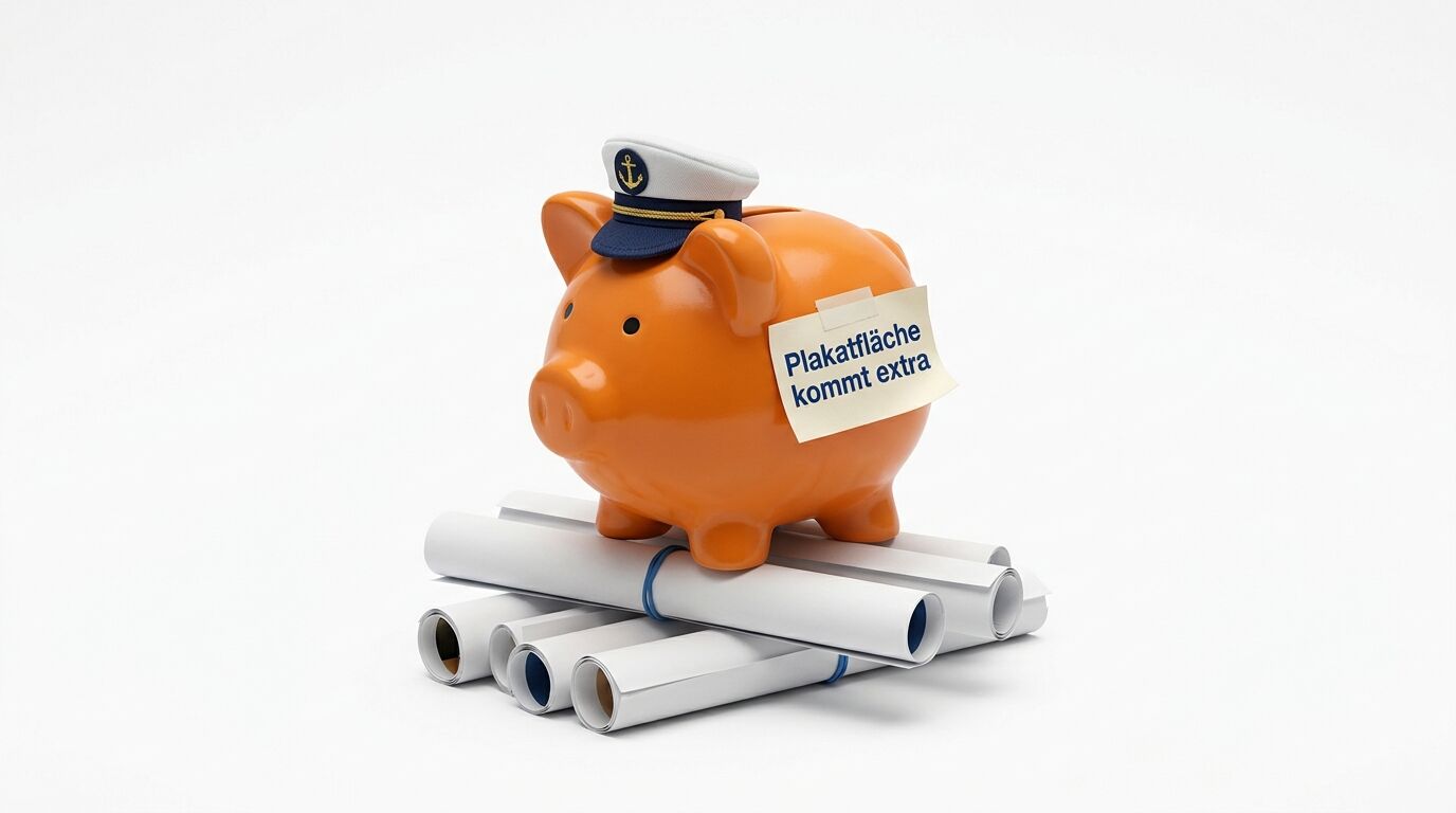 Oranges Sparschwein mit Kapitänsmütze auf Dokumentenrollen. Aufkleber "Plakatfläche kommt extra"