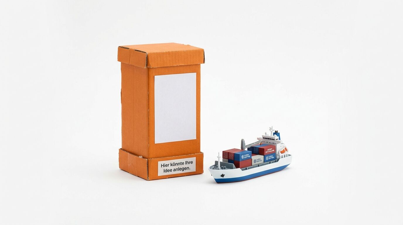 Orangene Schachteln mit Fenster und Schiff-Modell auf weißem Hintergrund. Text "Hier könnte Ihre Idee anlegen"