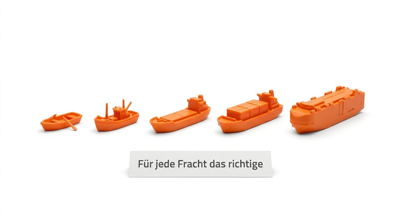 Fünf orange Schiffsmodelle in aufsteigender Größe von links nach rechts mit dem Text "Für jede Fracht das richtige"