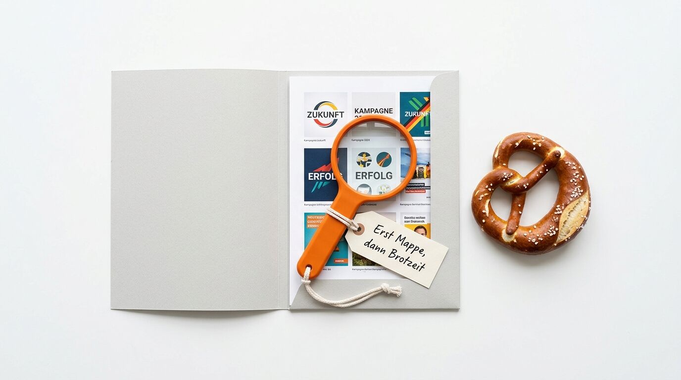 Geöffnete Grußkarte mit orange Lupe, Kampagnen-Material und Brezel. Handschriftliche Notiz "Erst Nappe, dann Brotzelt"