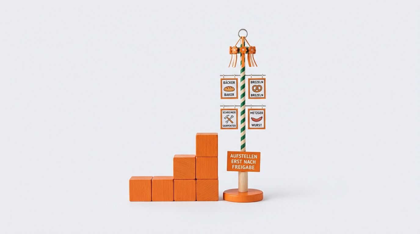 Holzspielzeug mit orangefarbenen Bauklötzen, Zunftschild-Figuren und Marktstand-Dachkonstruktion