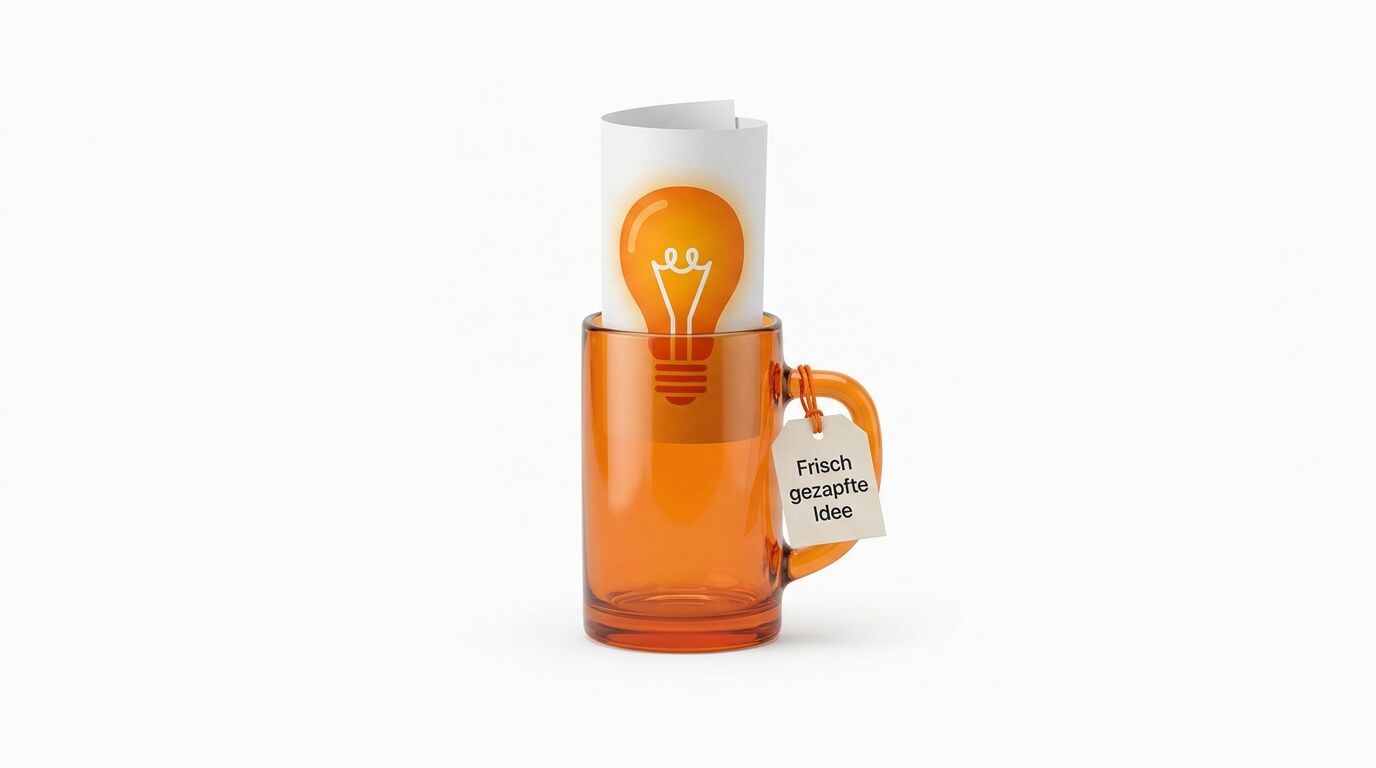 Oranges Glas mit Glühbirnen-Motiv und weißer Kerze, Etikett "Frisch gezapfte Idee"