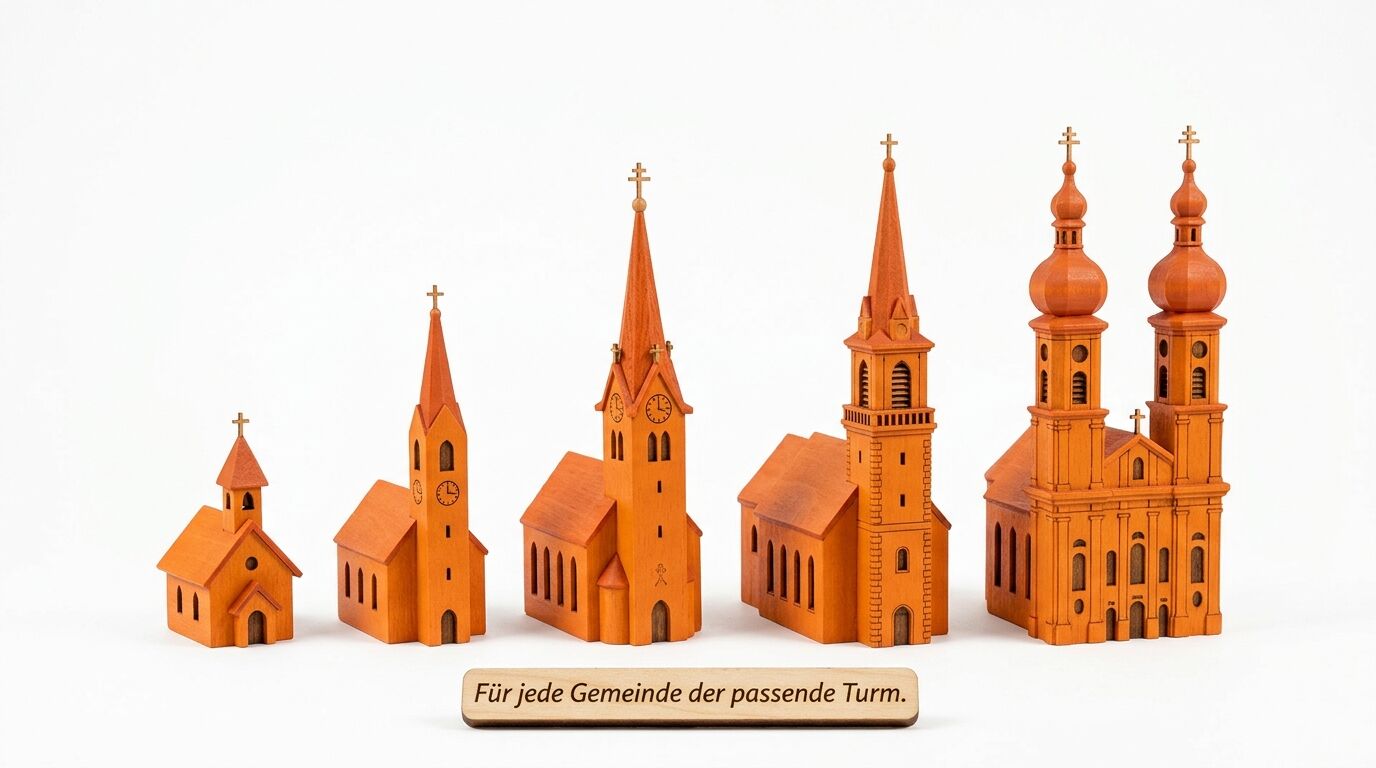 Fünf Holzkirchen in aufsteigender Größe mit orangefarbener Lasur, Kreuzen und Glockentürmen auf weißem Hintergrund