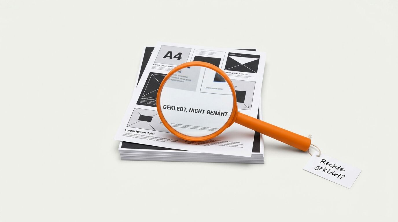 Lupe mit orangem Griff auf A4-Designvorlagen. Text "GEKLEBT, NICHT GENÄHT" sichtbar. Notiz "Rechts geklärt?" daneben