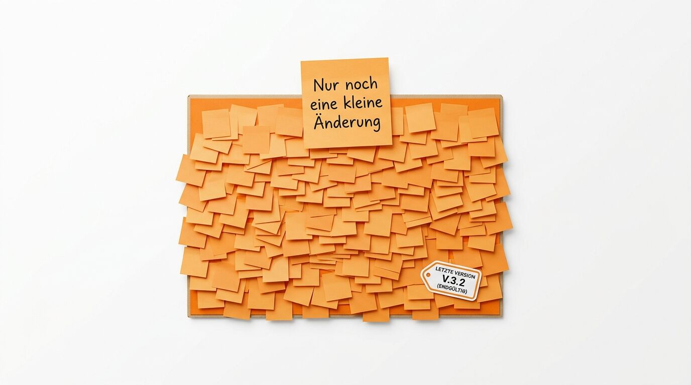 Orange Pinnwand mit vielen Haftnotizen. Eine gelbe Note oben mit deutschem Text. Versionsnummer 1.3.2 unten rechts