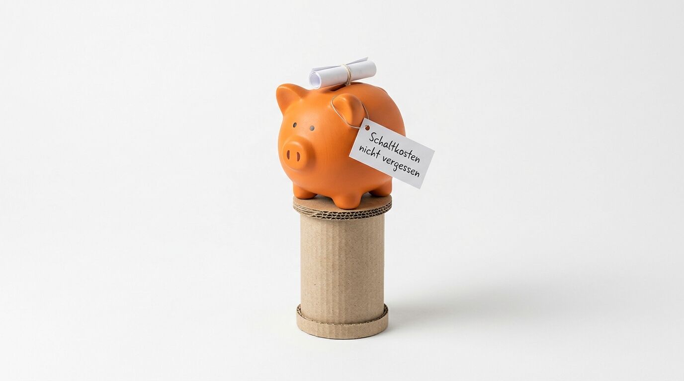 Orangenes Sparschwein auf Holzpodest mit Schriftzug "Schattkosten nicht vergessen" und aufgerolltem Diplom