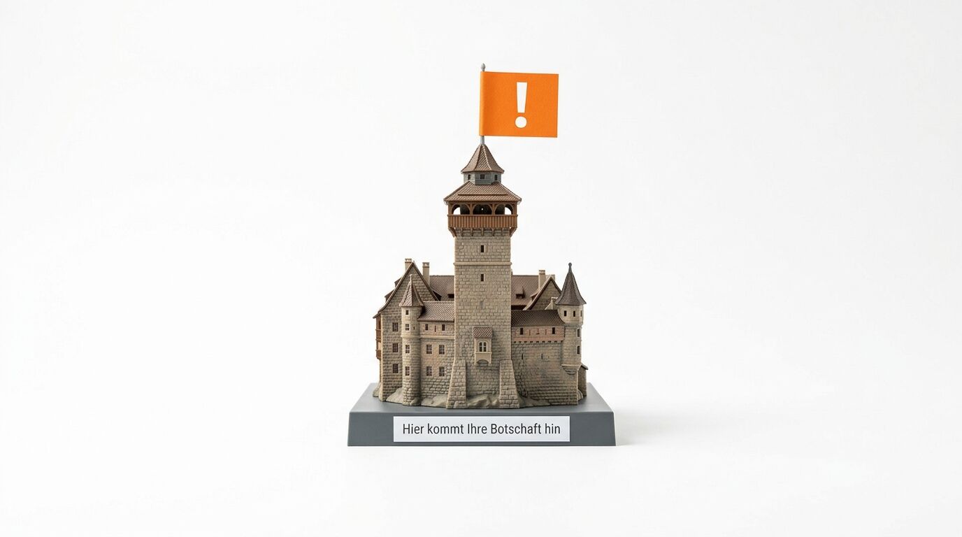 Mittelalterliche Burgfigur auf grauem Sockel mit orange Flagge und Schriftzug "Hier kommt Ihre Botschaft hin"