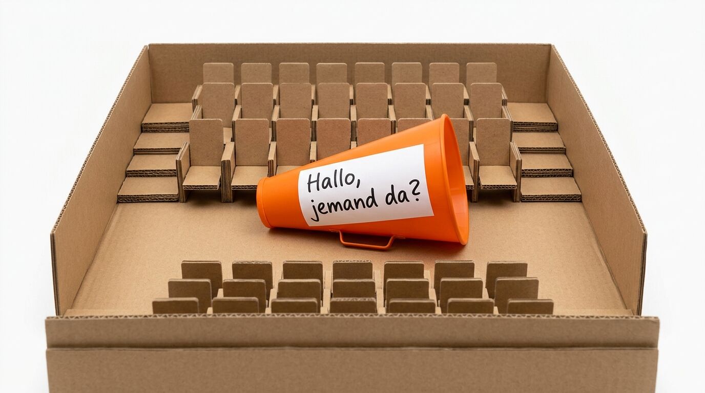 Kartonmodell eines Kinos mit Pappstühlen und orange Megafon mit Text "Hallo, jemand da?"