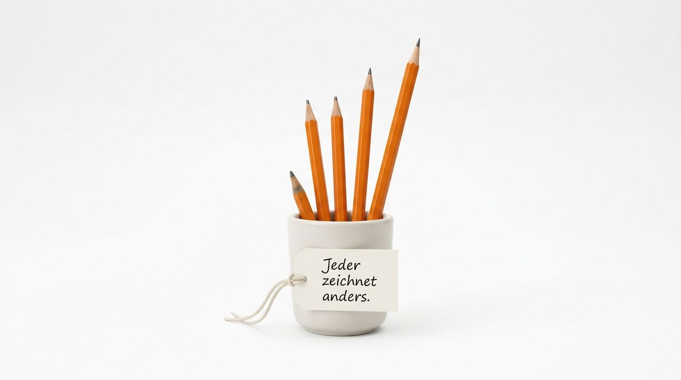Weiße Keramiktasse mit sechs orangefarbenen Bleistiften. Ein Etikett trägt die Aufschrift "Jeder zeichnet anders"