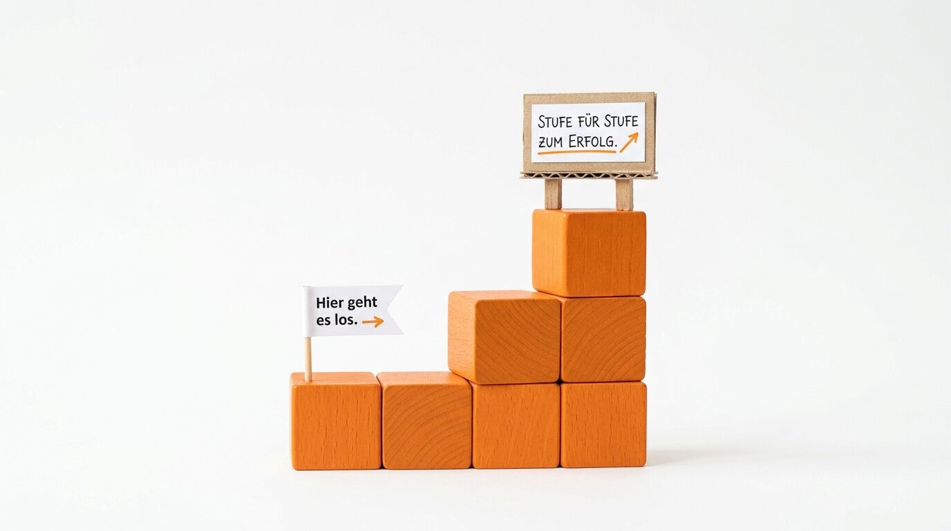 Holzblöcke stapeln sich stufenweise. Ein Schild oben sagt "Stufe für Stufe zum Erfolg", unten "Hier geht es los"