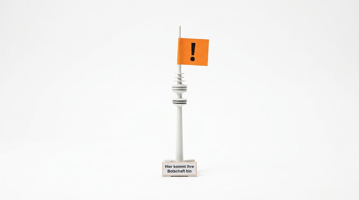 Ein Fernsehturm mit oranger Flagge mit Ausrufezeichen. Darunter ein Schild mit Text "Hier kommt Ihre Botschaft hin"