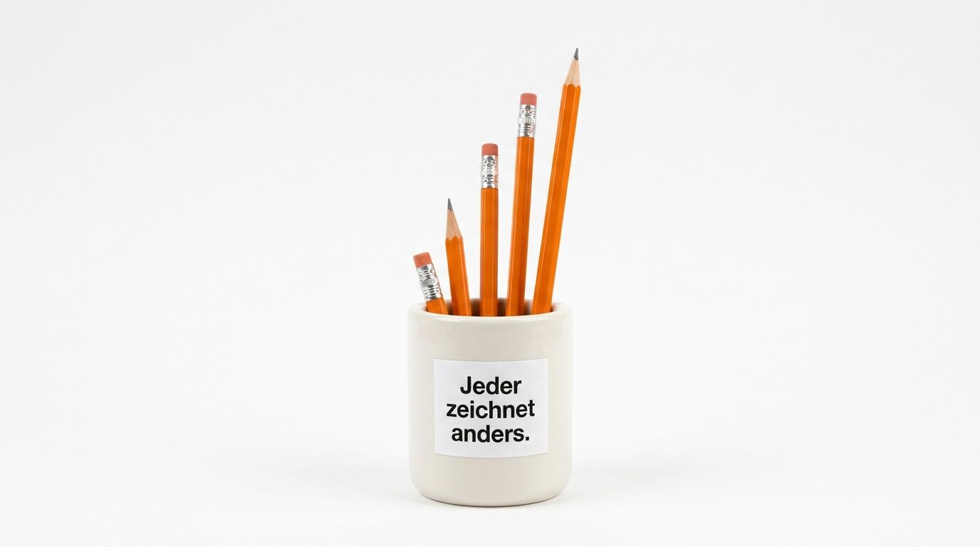 Weißer Keramikbecher mit orange Bleistiften verschiedener Länge und Aufschrift "Jeder zeichnet anders"