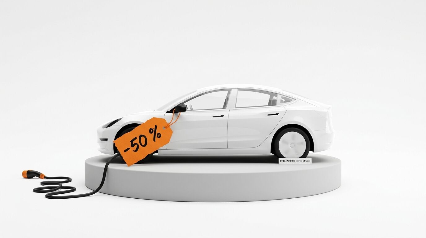 Ein weißes E-Auto auf einem Podest mit Ladekabel und einem „-50%“-Schild vor weißem Hintergrund