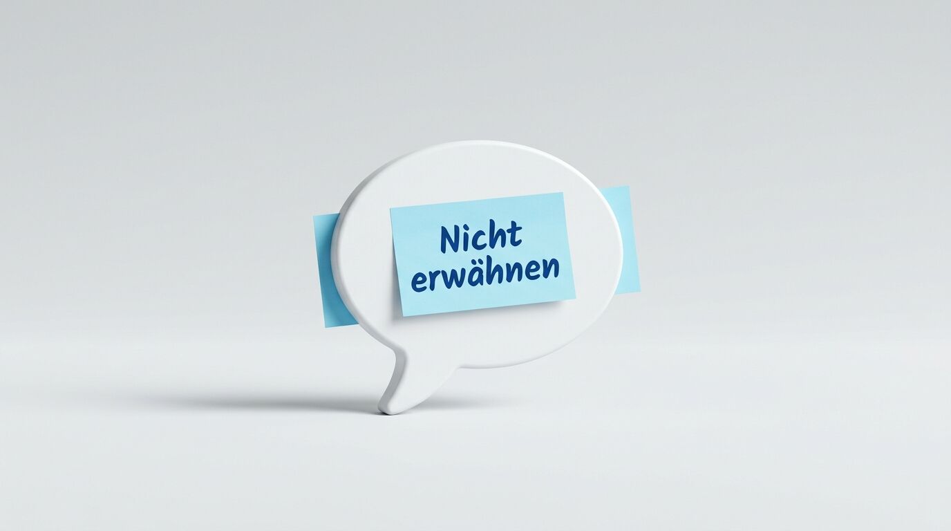 Weiße Sprechblase mit hellblauem Zettel darauf, Text: „Nicht erwähnen“