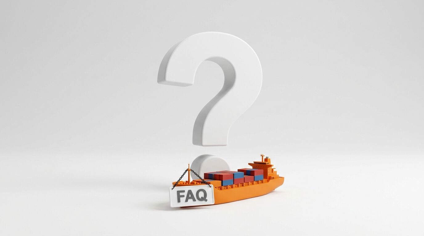 Ein riesiges weißes Fragezeichen hinter einem Frachtschiff mit einem FAQ-Schild