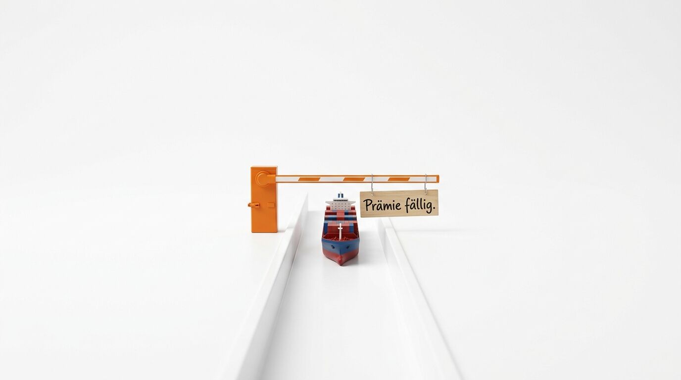 Schiff vor Schranke mit Schild „Prämie fällig.“ in Rinne auf weißem Grund