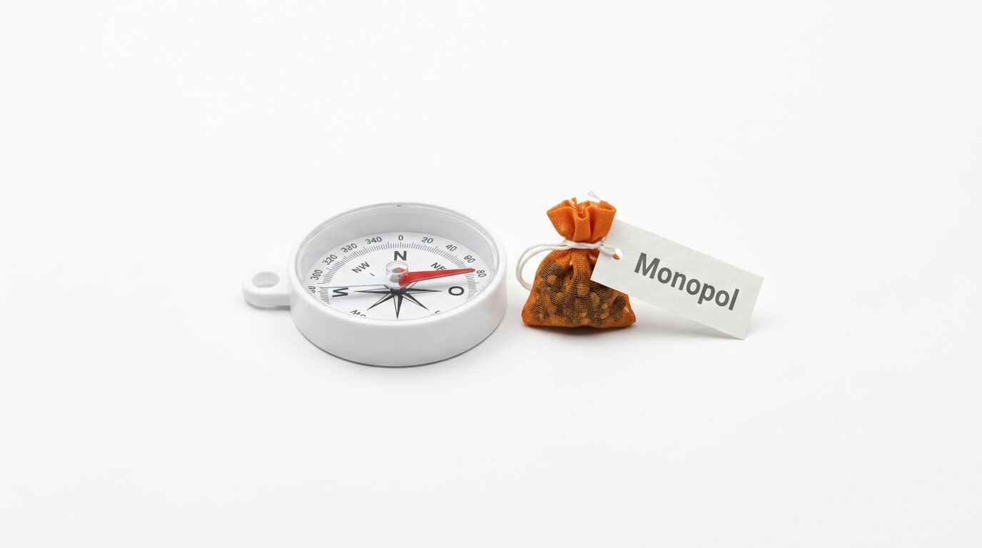 Ein Kompass, ein Beutel mit braunem Granulat und ein Etikett mit dem Wort „Monopol“ auf weißem Hintergrund