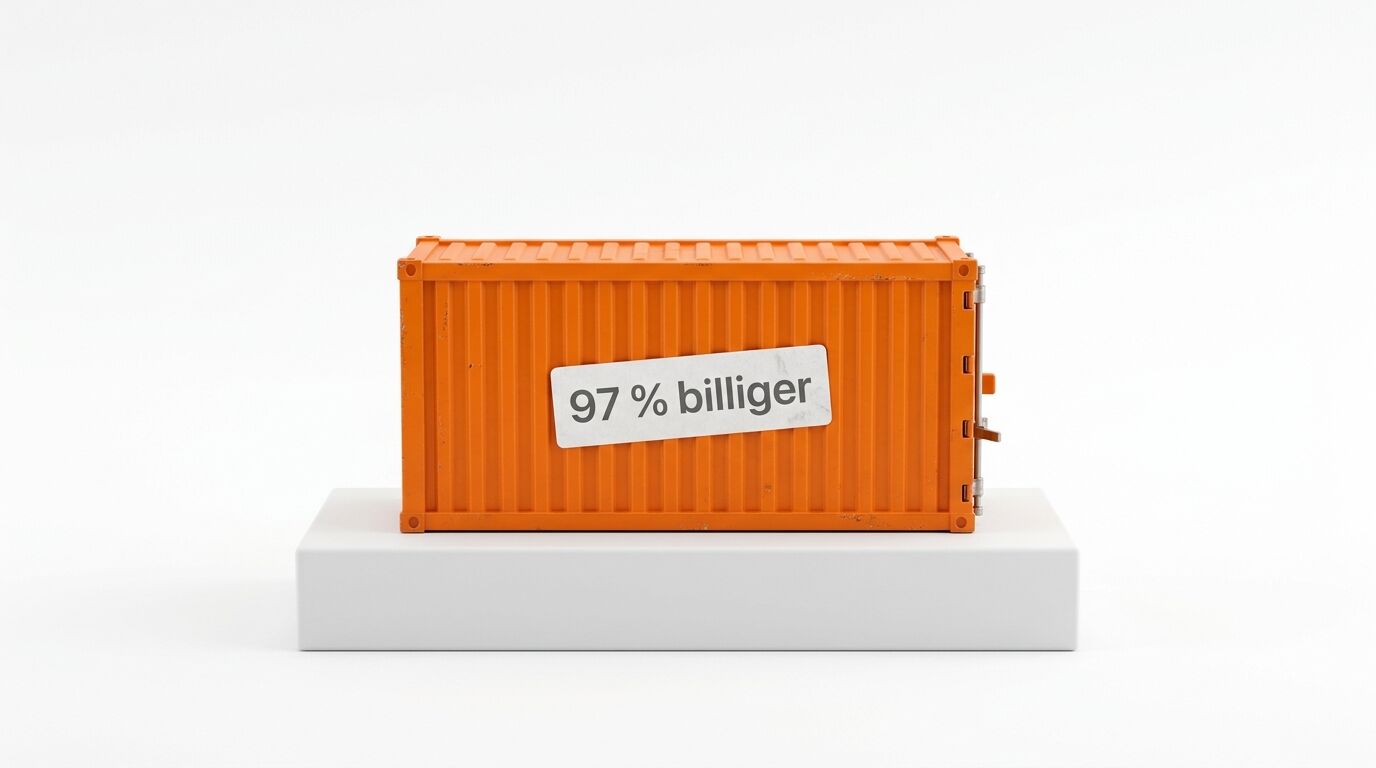 Orangener Schiffscontainer auf weißem Podest mit Aufkleber „97 % billiger“ vor weißem Hintergrund