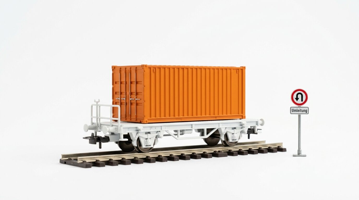 Modell-Tragwagen mit orangefarbenem Container auf Gleis vor weißem Hintergrund, rechts Umleitungsschild
