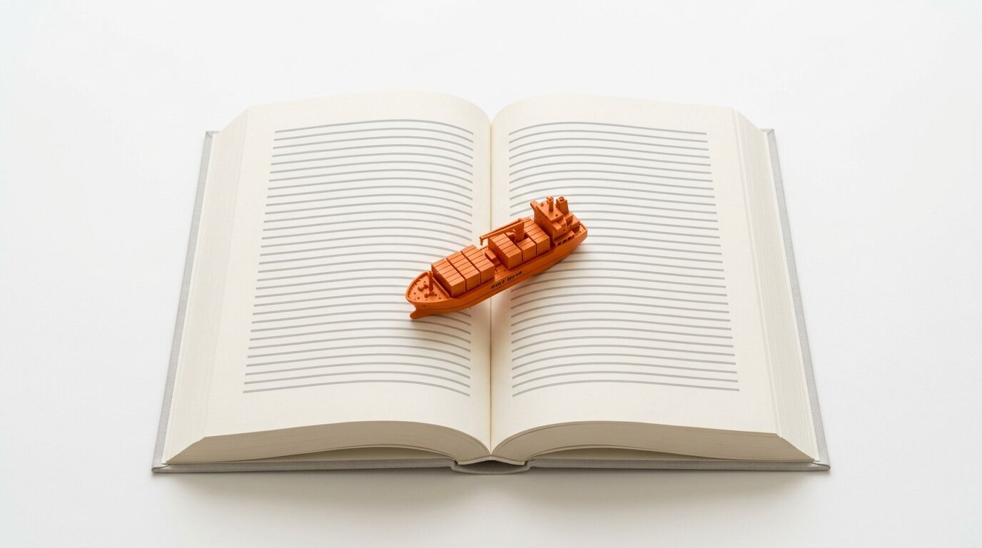 Ein kleines oranges Containerschiff auf einem aufgeschlagenen Buch mit Linien