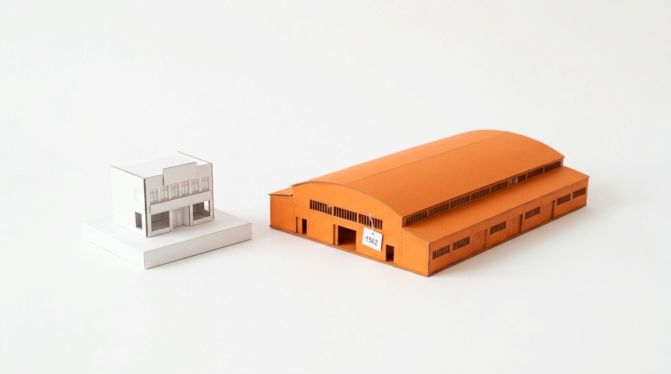Architekturmodelle aus Pappe: ein kleineres weißes Haus und eine größere orangefarbene Halle