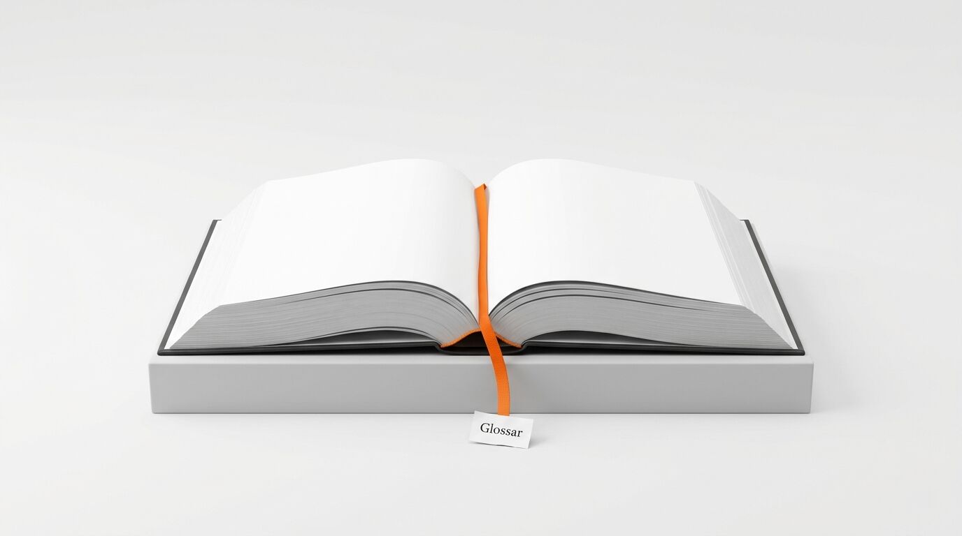 Geöffnetes Buch mit leerem Blatt und orangefarbenem Lesezeichen mit dem Wort „Glossar“
