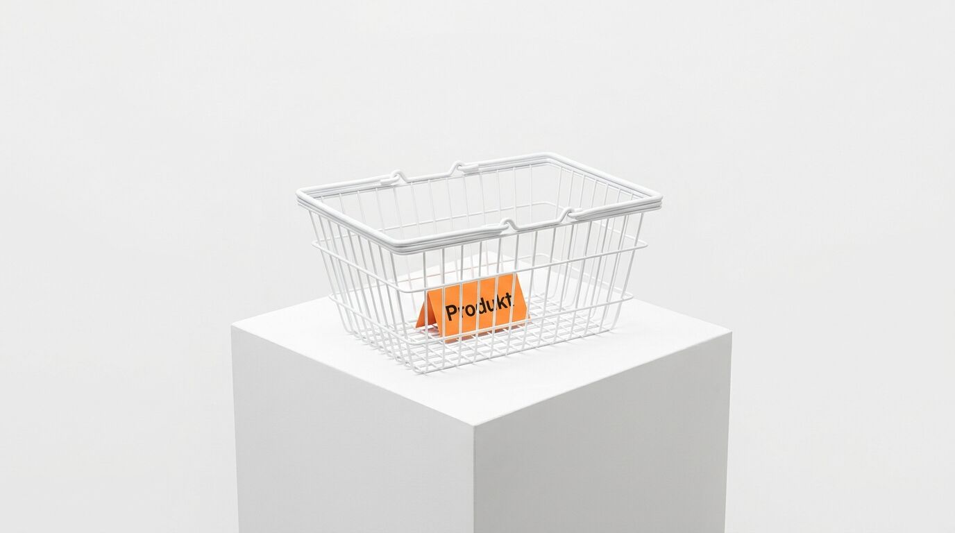 Ein Drahtkorb mit einem orangefarbenen Schild, auf dem „Produkt“ steht